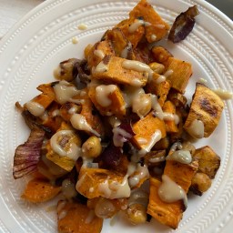 Roasted Sweet potato and Chickpea Salad with Tahini Dressing